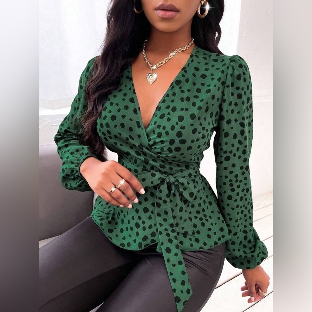Dalmatian Print Lantern Sleeve Belted Wrap Blouse Green & Black Peplum Top